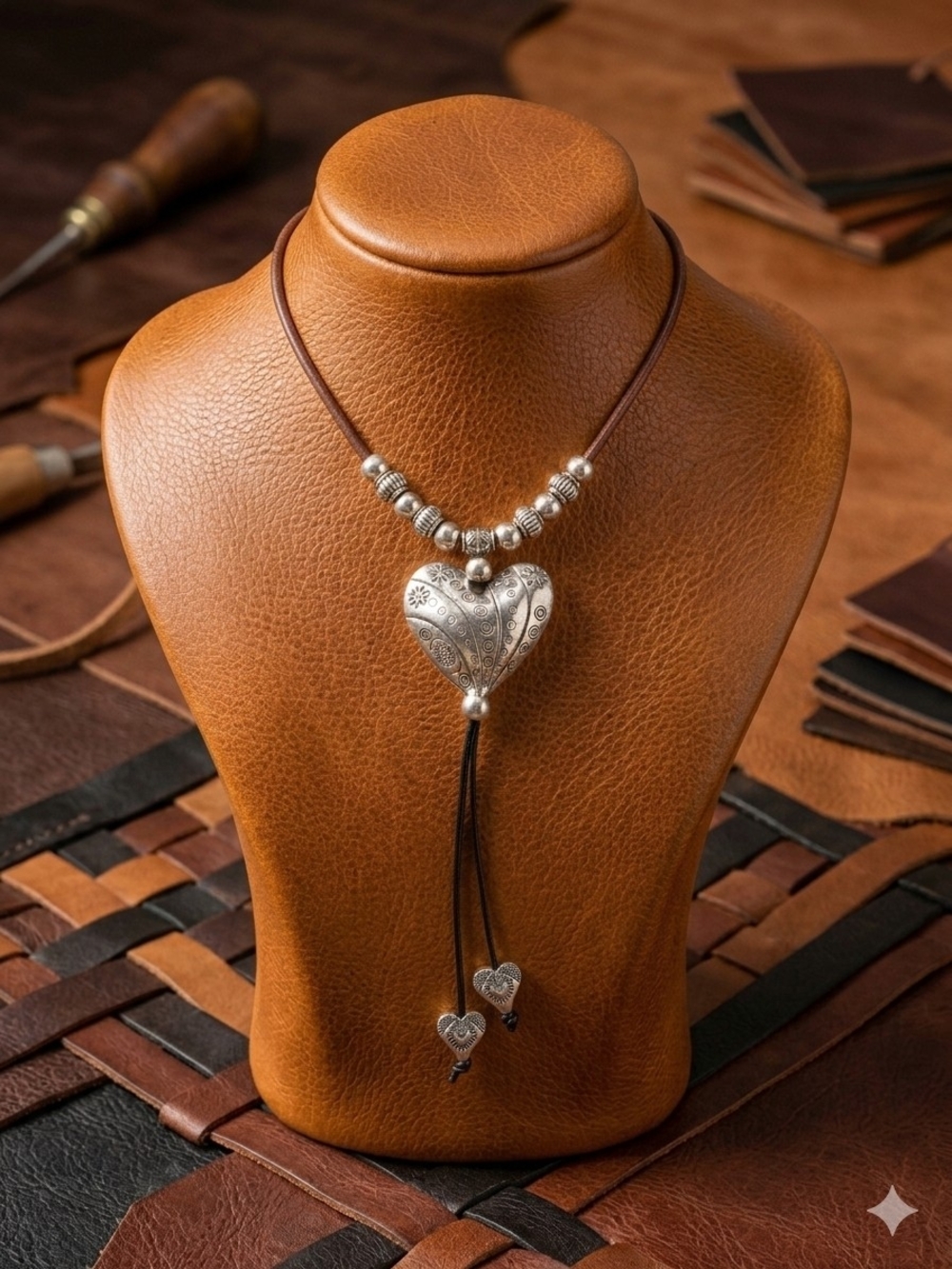 Silver Heart Pendant Necklace on Brown Leather Cord - Women Jewelry